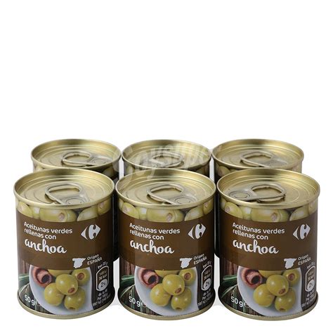 Carrefour Aceitunas Verdes Rellenas De Anchoa Pack De 6 Latas De 50 G