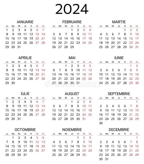 2024 Romanian Calendar Printable Editable Vector Illustration For