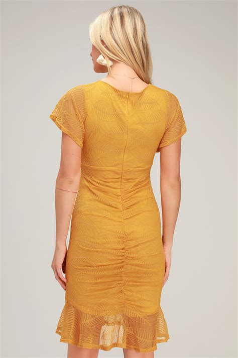 Mustard Yellow Dress Lace Dress Ruched Dress Bodycon Dress Lulus