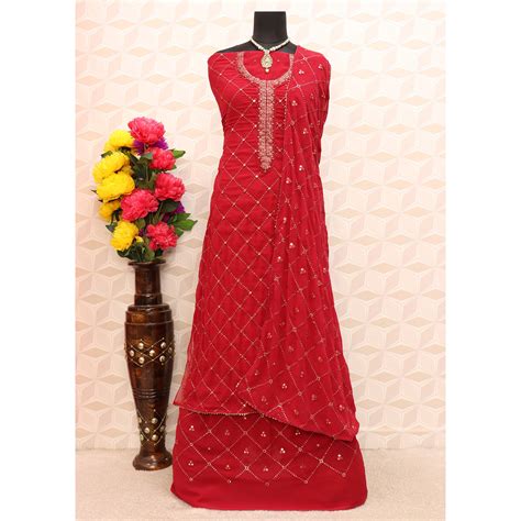 Red Sequins Embroidered Georgette Semi Stitched Palazzo Suit