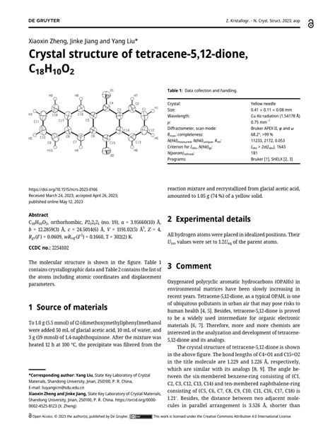 Pdf Crystal Structure Of Tetracene Dione C H O