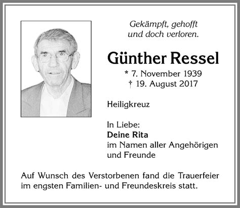 Traueranzeigen von Günther Ressel Allgäuer Zeitung