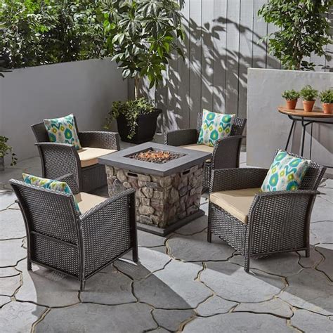 Noble House St Lucia Brown Piece Faux Rattan Patio Fire Pit