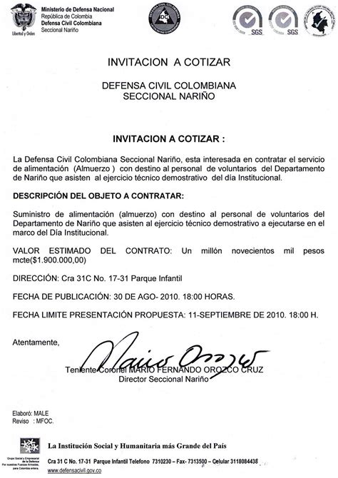 DEFENSA CIVIL COLOMBIANA Seccional Nariño INVITACION A COTIZAR