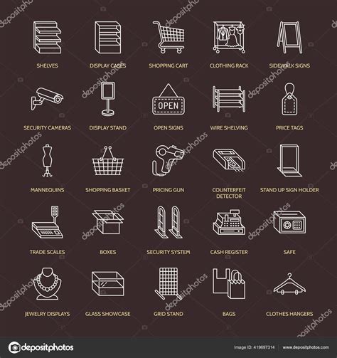 Retail Store Supplies Line Icons Trade Shop Equipment Signs Commercial