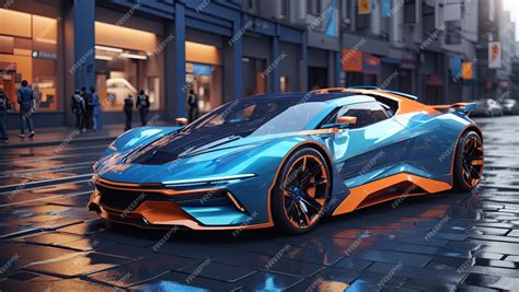 Premium Ai Image Futuristic Blue And Orange Sports Car On City Street