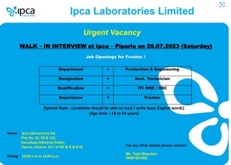 Ipca Laboratories Walk In Interviews On 29th July 2023 For Freshers