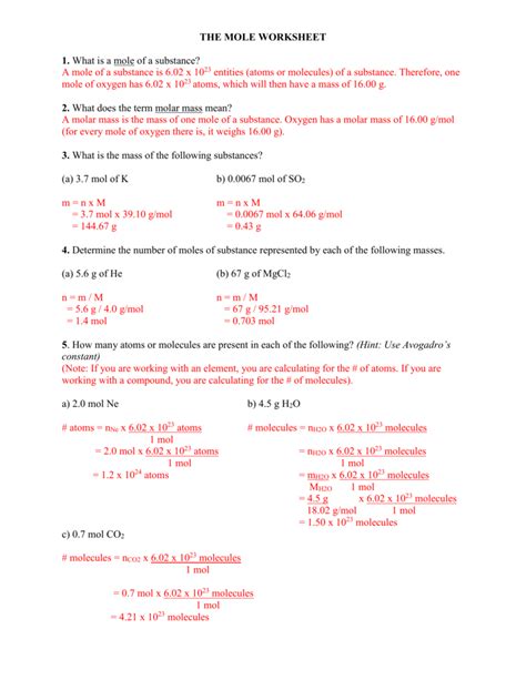 Mole Conversions Worksheet Working With Moles And Particles Printable