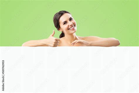 Excited Smiling Brunette Woman With Naked Shoulders Undress Showing Thump Up Hand Sign Gesture