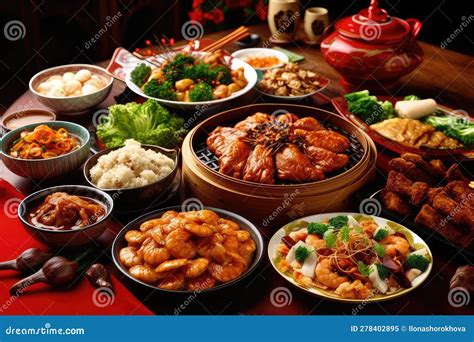 Chinese New Year Festival Table Over Red Background Traditional Lunar