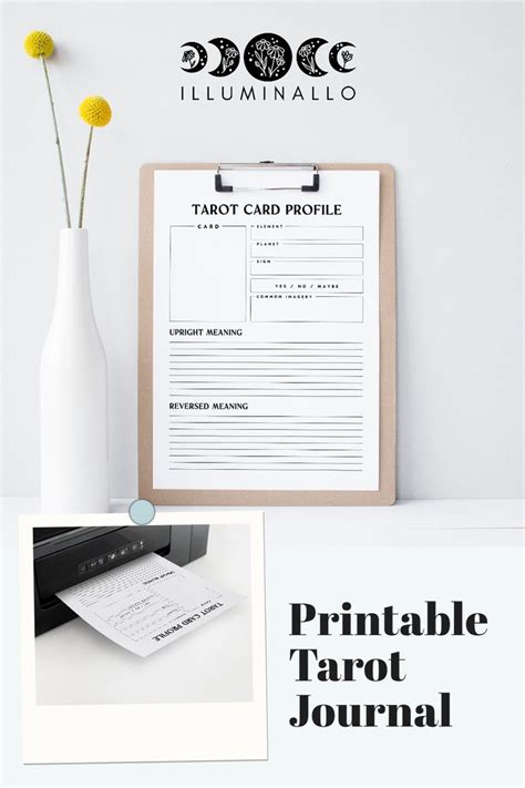 The Printable Tarot Journal Is Next To A White Vase With Yellow Flowers