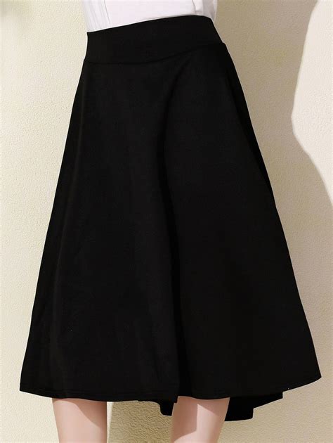 2018 Stylish High Waisted A Line Solid Color Womens Midi Skirt Black M