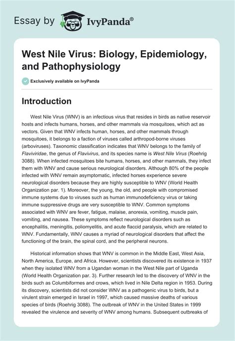 West Nile Virus Biology Epidemiology And Pathophysiology 2607 Words Essay Example