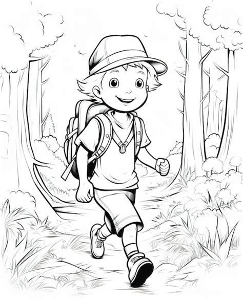 Niño de dibujos animados con mochila y sombrero caminando por el bosque