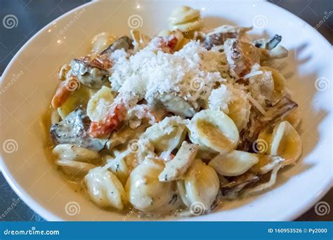 Creamy Conchiglie with Grind Cheese Stock Photo - Image of thin, pasta: 160953526