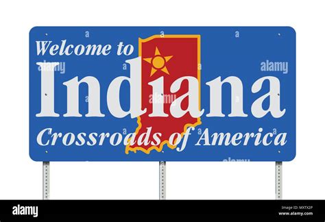 Vector illustration of the Welcome to Indiana blue road sign with the ...