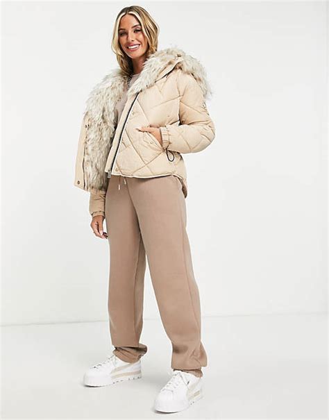 River Island Faux Fur Lined Padded Jacket In Neutral Asos