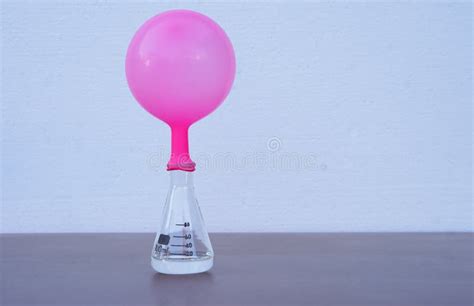 Science Experiment Pink Inflated Balloon On Top Of Transparent Test