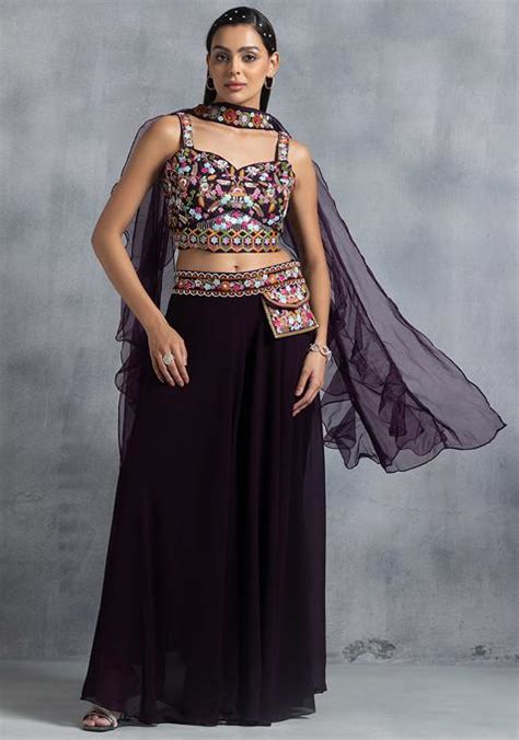 Buy Women Purple Sharara Set With Floral Embroidered Blouse And Ruffled