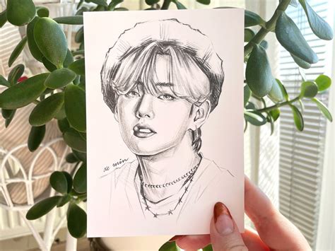 Bts Kim Taehyung V Beret Pencil Sketch A6 Art Print Painting K Pop