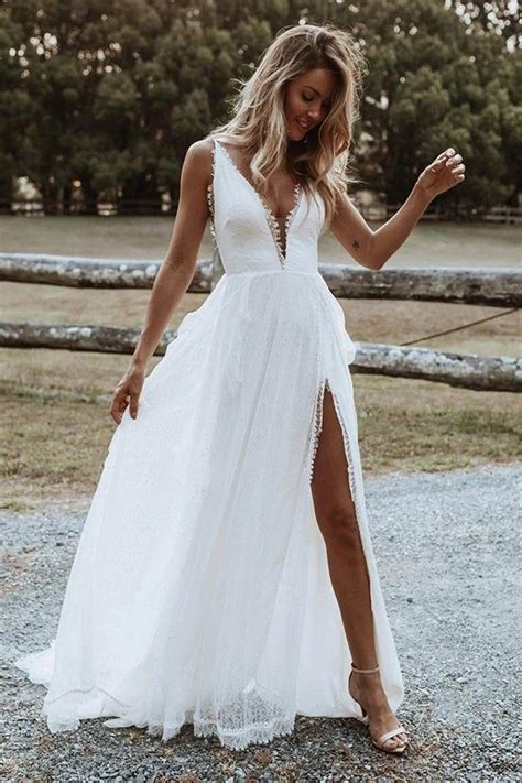 A Line V Neck Lace Beach Wedding Dress Side Split Bridal Gown WW028