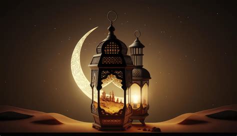 Arabia Sahara Lantern And Moon Setup For Greeting Ramadan Or Eid