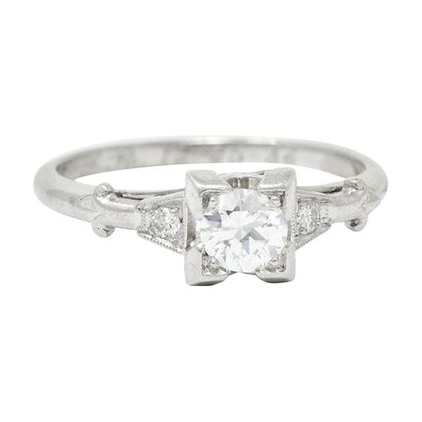 Art Deco 3 Stone Diamond Platinum Engagement Ring Trinity Band Fleur De Lis For Sale At 1stdibs