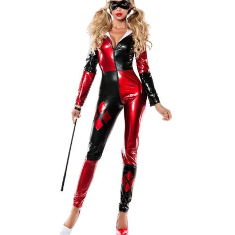 Plus Size S Xxl Sexy Harley Quinn Clowns And Circus Costume Adult Latex Catsuit Women Faux Leather