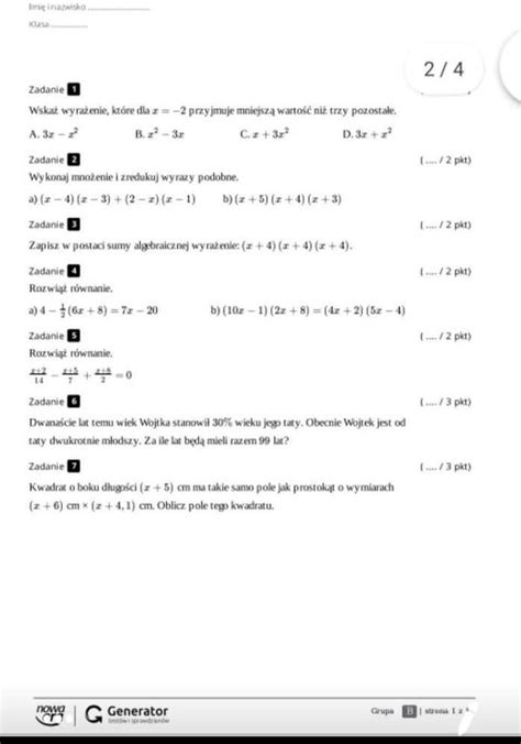 Sprawdzian Z Matematyki Wyrażenia Algebraiczne Klasa 7 Mądry