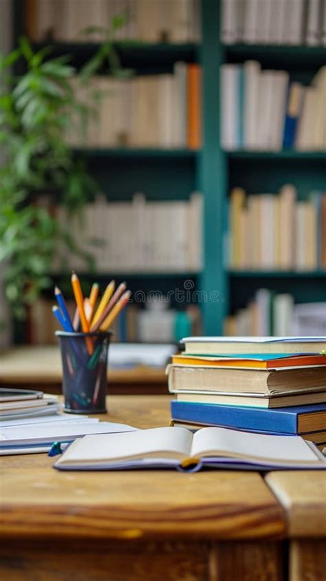 Study Space School Desk with Neatly Arranged Stationary and Books Stock ...