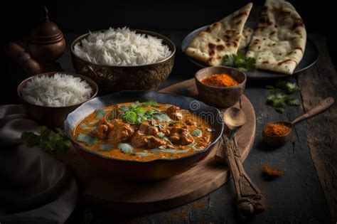 Dark Food Photography Of Indian Butter Chicken With Basmati Rice And