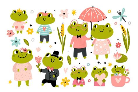 Cute frogs. Funny happy cartoon frog characters, family anim