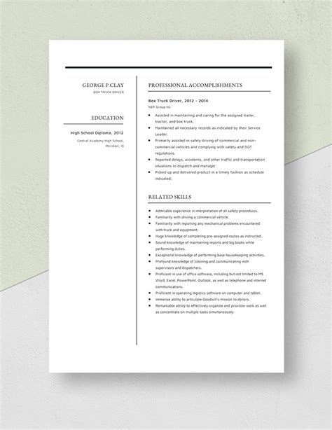 Box Truck Driver Resume In Pages Word Download