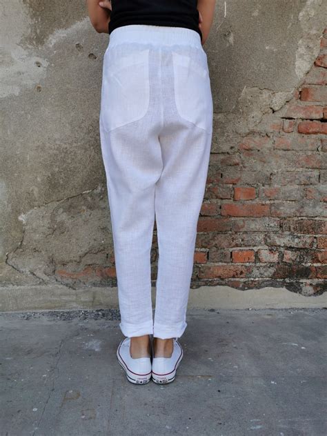 White Slim Linen Pants Women Linen Pants Tapered Linen Pants White