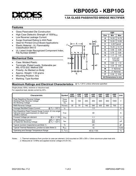 Kbp G Diodes Incorporated Rectifier Hoja De Datos Ficha T Cnica