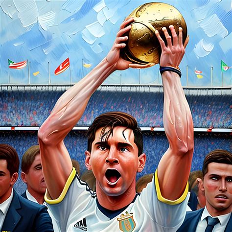 Oil Painting Messi Lifting The World Cup Crying While Cristi