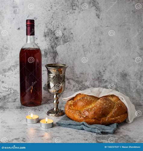 Shabbat Shalom Challah Bread Shabbat Wine And Candles On Grey Background Stock Image Image