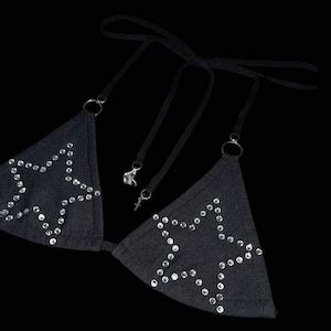 S𝔱𝔞𝔯 Black and Silver Rhinestone Star Bikini Top Handmade Goth