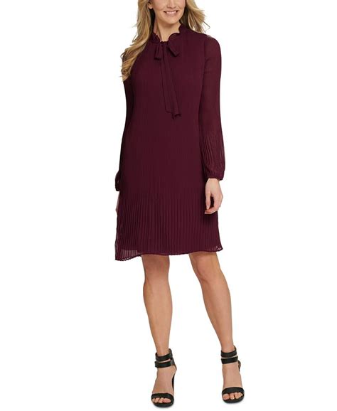 Dkny Long Sleeve Tie Neck Pleated Shift Dress Macys