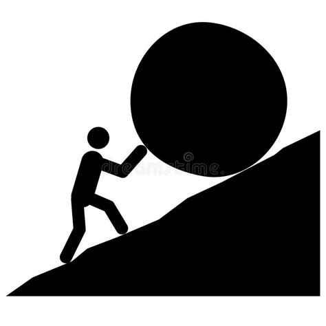 Sisyphean Task Icon Strong Man Pushing Big Boulder Uphill Sign Stock