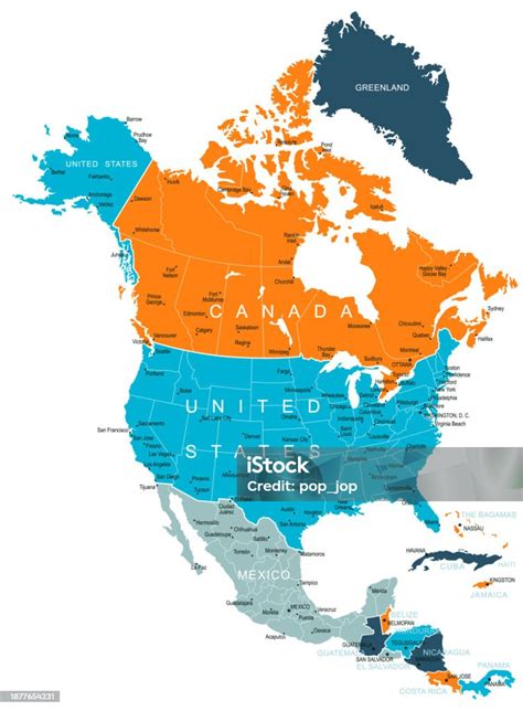 North America Map Vector Colored Map Of North America Stock ...