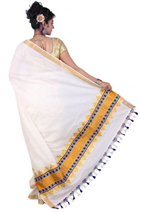 Buy Fashionkiosks Kerala Cotton Kasavu Dark Blue With Zari And Kunjam