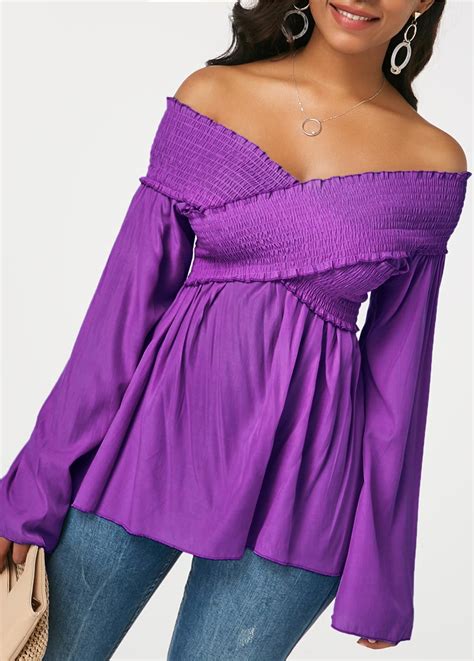 Crossover Shirred Flare Sleeve Purple Blouse Usd 24 56