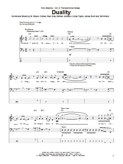 Duality Sheet Music Slipknot Bass Guitar Tab