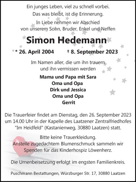 Traueranzeigen Von Simon Hedemann Trauer Anzeigen De