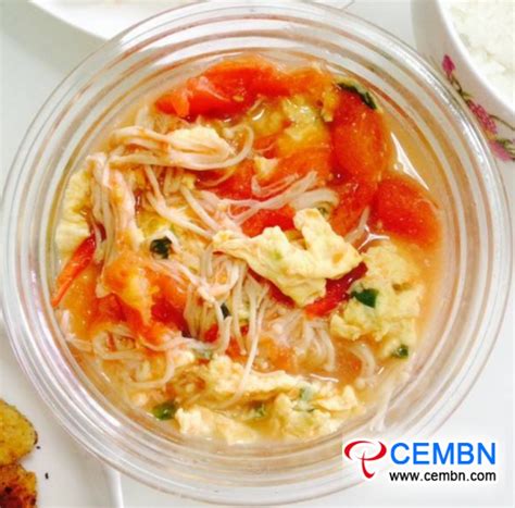 Tomato And Egg Soup With Enoki Mushrooms