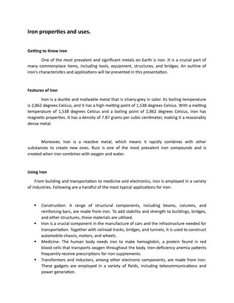 Lecture Notes - Iron properties and uses - Iron properties and uses. Getting to Know Iron One of ...