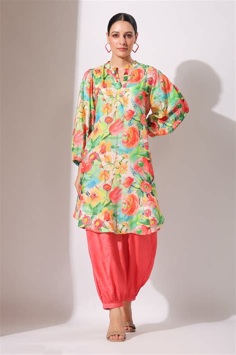 Buy Peach Tunic Muslin Printed Floral Band Collar Kurta Pant Co Ord Set