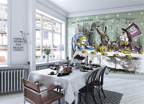 Mad Hatter Tea Party Wallpaper Mural Alice In Wonderland Wall Etsy