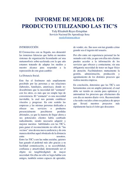 Informe DE Mejora DE Producto Utilizando LAS TIC INFORME DE MEJORA DE